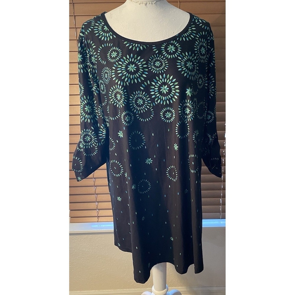 Reborn New York 2XL Top Black Aqua‎ Floral 3/4 Sleeve Tunic Blouse Women